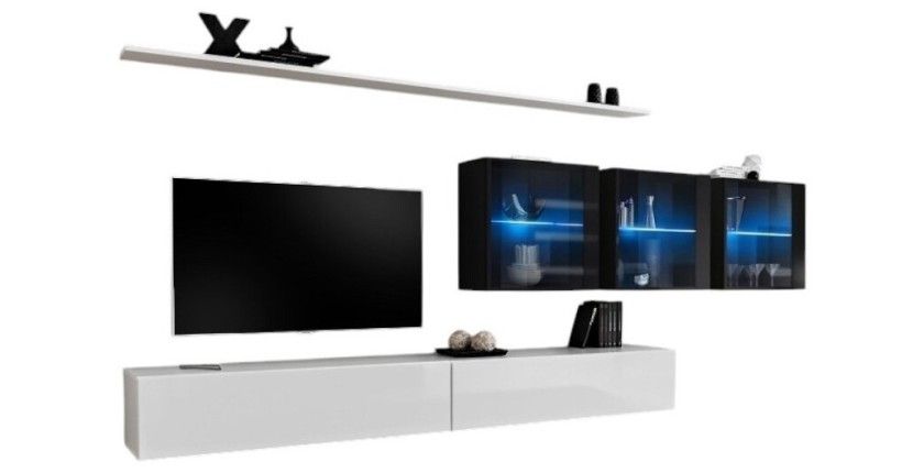 Ensemble meuble salon mural SWITCH XVII design, coloris blanc et noir brillant.