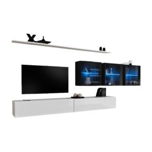 Ensemble meuble salon mural SWITCH XVII design, coloris blanc et noir brillant.
