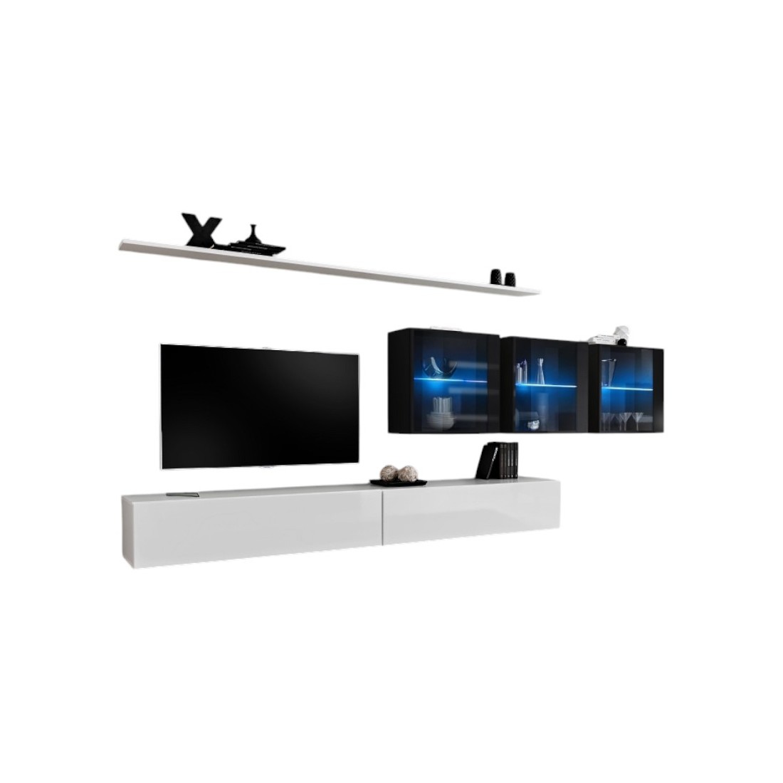 Ensemble meuble salon mural SWITCH XVII design, coloris blanc et noir brillant.