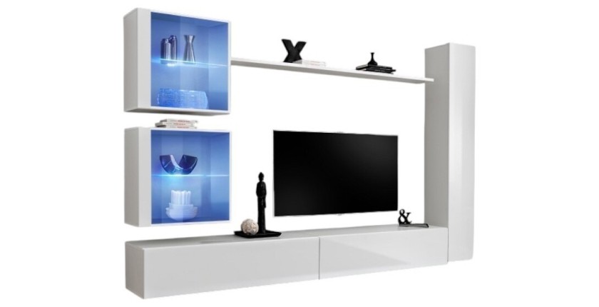 Ensemble meuble salon mural SWITCH XVIII design, coloris blanc brillant.