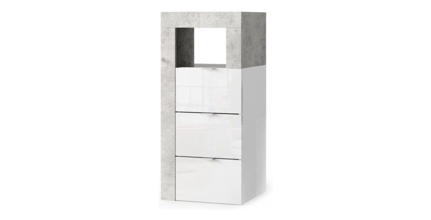 Cómoda para baño BURA – 3 cajones – L35 cm – Blanco brillante lacado y gris efecto concreto