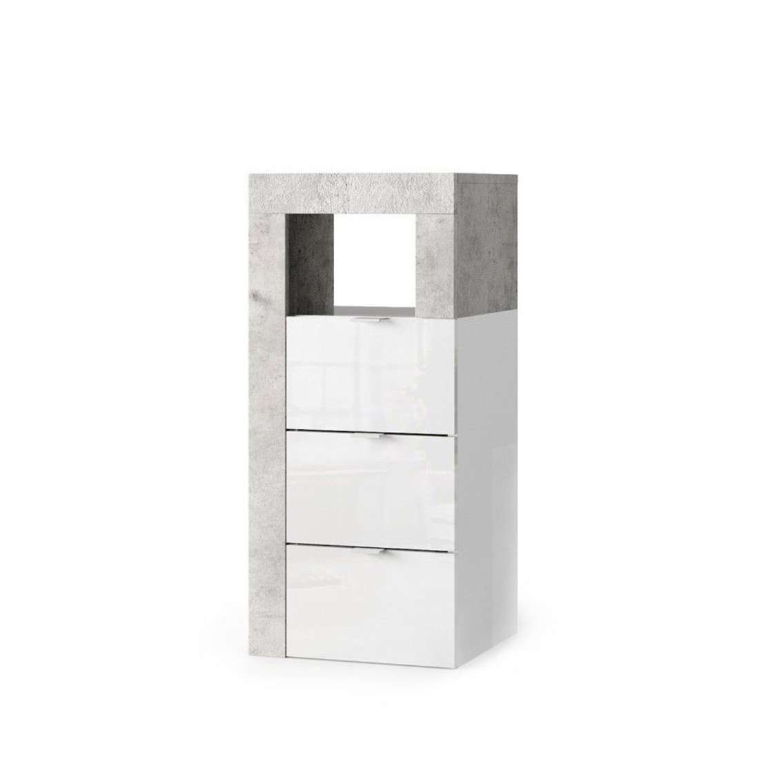 Cómoda para baño BURA – 3 cajones – L35 cm – Blanco brillante lacado y gris efecto concreto