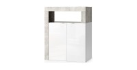 Meuble de salle de bains BURA – 2 portes, 2 étagères – Blanc brillant laqué et gris aspect béton