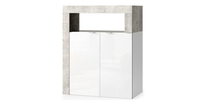 Meuble de salle de bains BURA – 2 portes, 2 étagères – Blanc brillant laqué et gris aspect béton