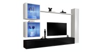 Ensemble meuble salon mural SWITCH XVIII design, coloris noir et blanc brillant.