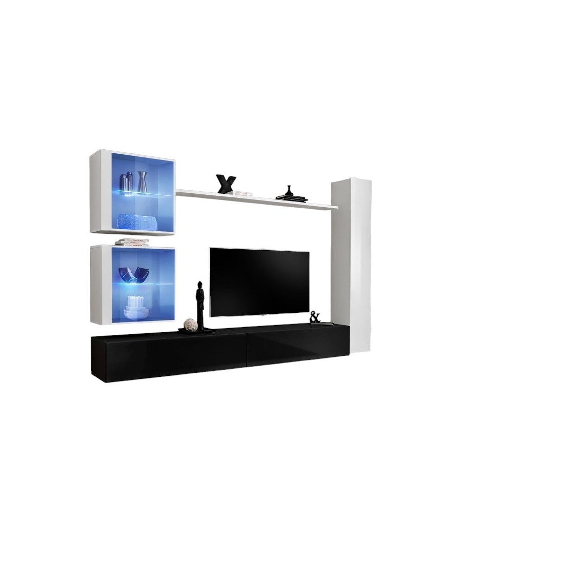 Ensemble meuble salon mural SWITCH XVIII design, coloris noir et blanc brillant.