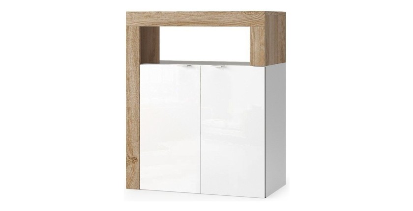 Meuble de salle de bains BURA – 2 portes, 2 étagères – Blanc brillant laqué et chêne clair