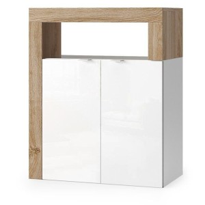 Meuble de salle de bains BURA – 2 portes, 2 étagères – Blanc brillant laqué et chêne clair
