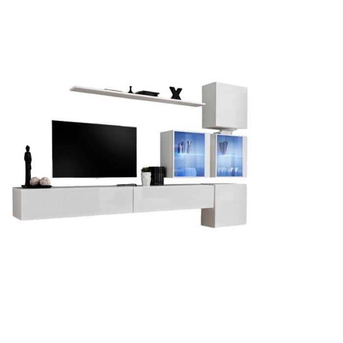 Ensemble meuble salon mural SWITCH XIX design, coloris blanc brillant.