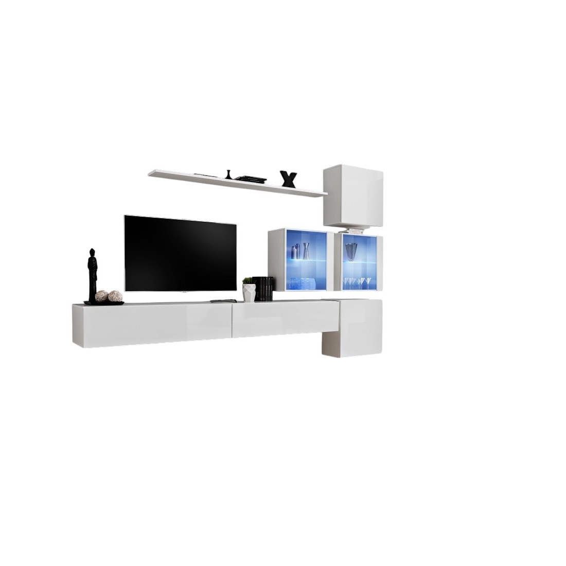 Ensemble meuble salon mural SWITCH XIX design, coloris blanc brillant.