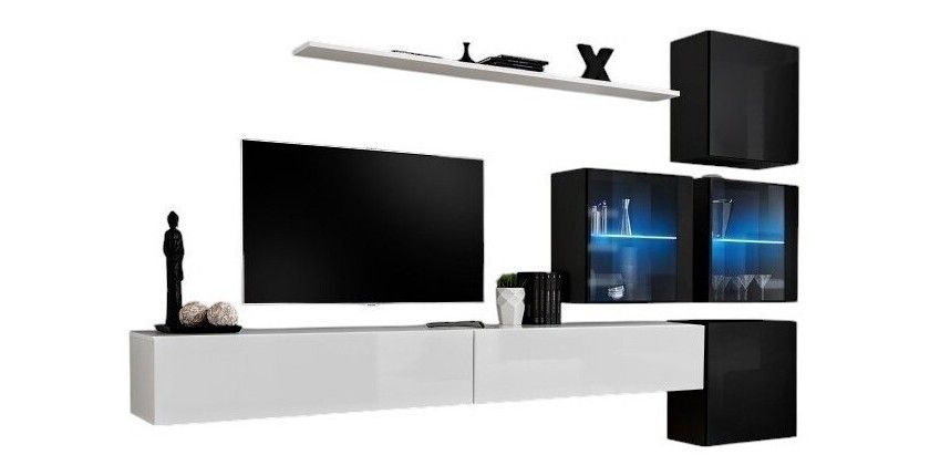 Ensemble meubles de salon SWITCH XIX design, coloris blanc et noir brillant.
