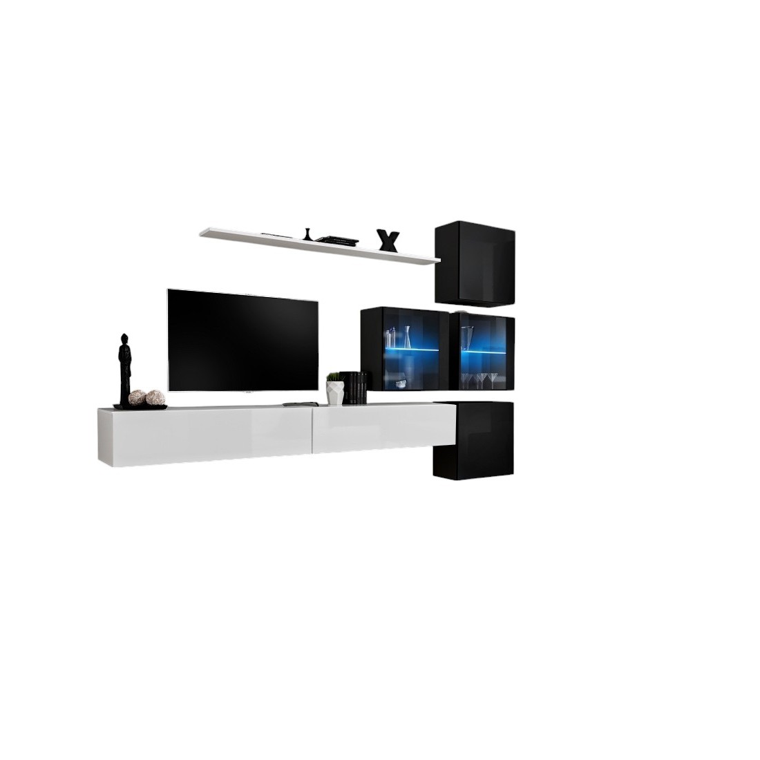 Ensemble meubles de salon SWITCH XIX design, coloris blanc et noir brillant.