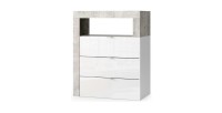 Commode de salle de bains BURA – 3 tiroirs – L64 cm – Blanc brillant laqué et gris aspect béton
