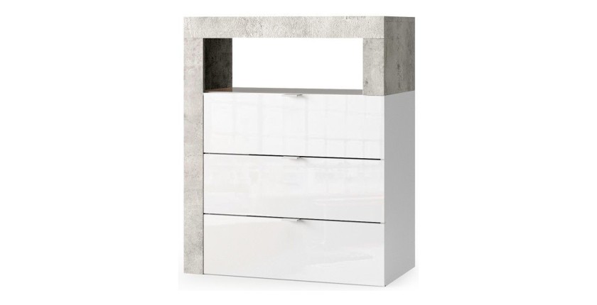 Commode de salle de bains BURA – 3 tiroirs – L64 cm – Blanc brillant laqué et gris aspect béton