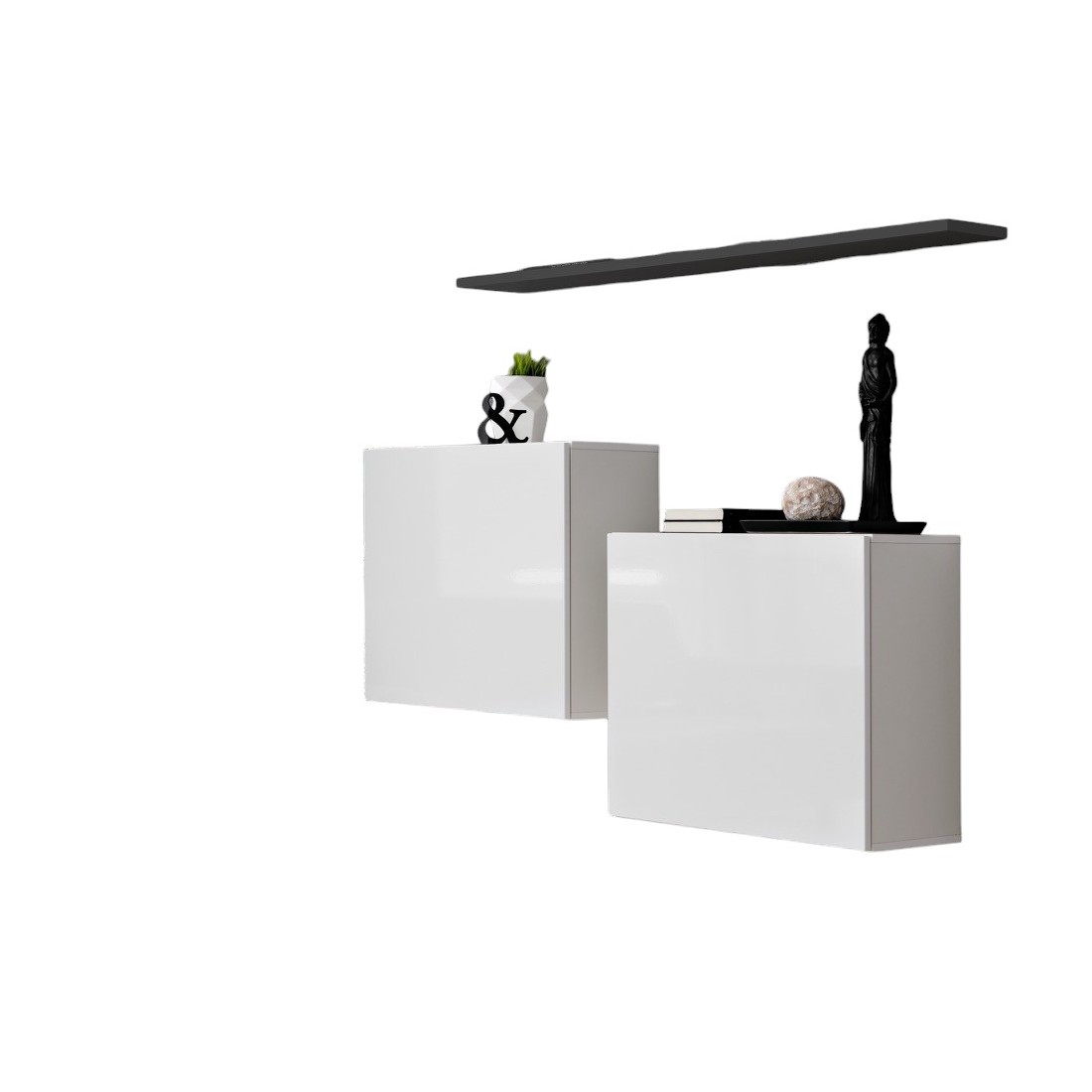 Ensemble meubles de salon SWITCH SBI design, coloris blanc brillant et étagère grise.