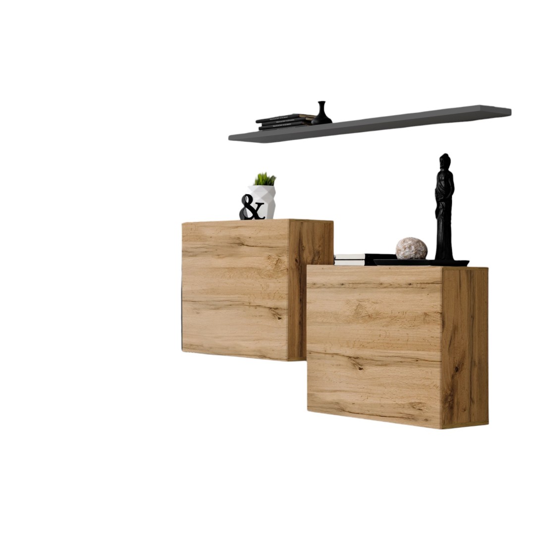 Ensemble meubles de salon SWITCH SBI design, coloris chêne Wotan et étagère grise.