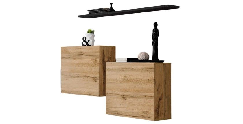 Ensemble meubles de salon SWITCH SBI design, coloris chêne Wotan et étagère noire.