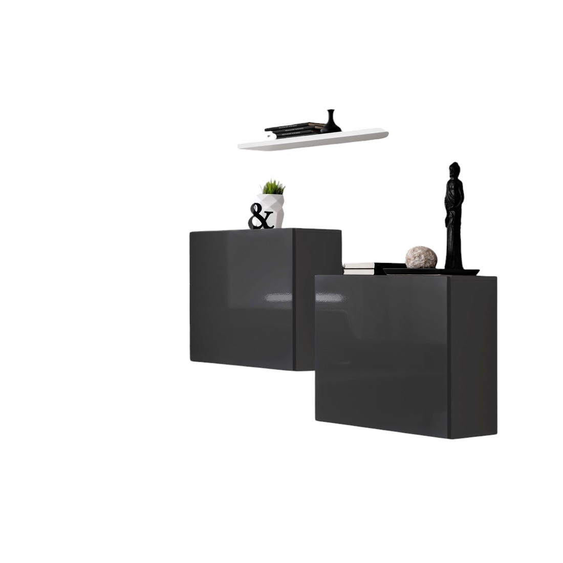 Ensemble meubles de salon SWITCH SBI design, coloris gris brillant et étagère blanche.