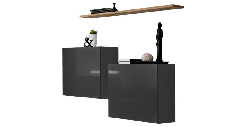 Wohnzimmermöbel-Set SWITCH SBI im Design, glänzend graue Farbe und Wotan-Eichenregal.
