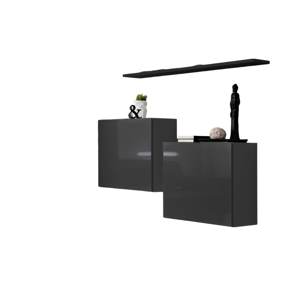 Ensemble meubles de salon SWITCH SBI design, coloris gris brillant et étagère noire..