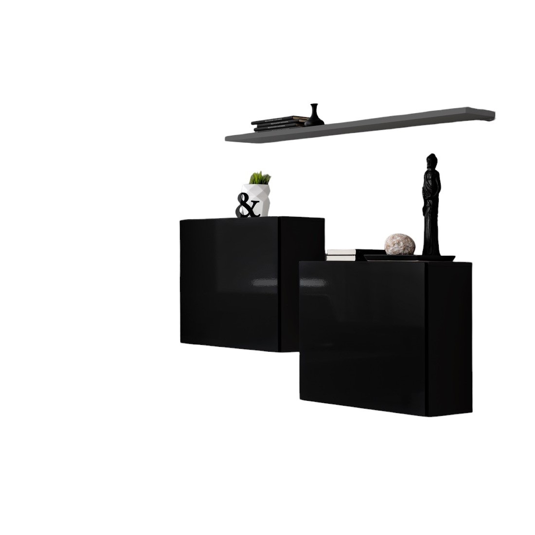 Ensemble meubles de salon SWITCH SBI design, coloris noir brillant et étagère grise.