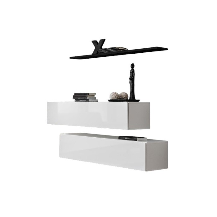 Ensemble meubles de salon SWITCH SBII design, coloris blanc brillant et étagère noire.