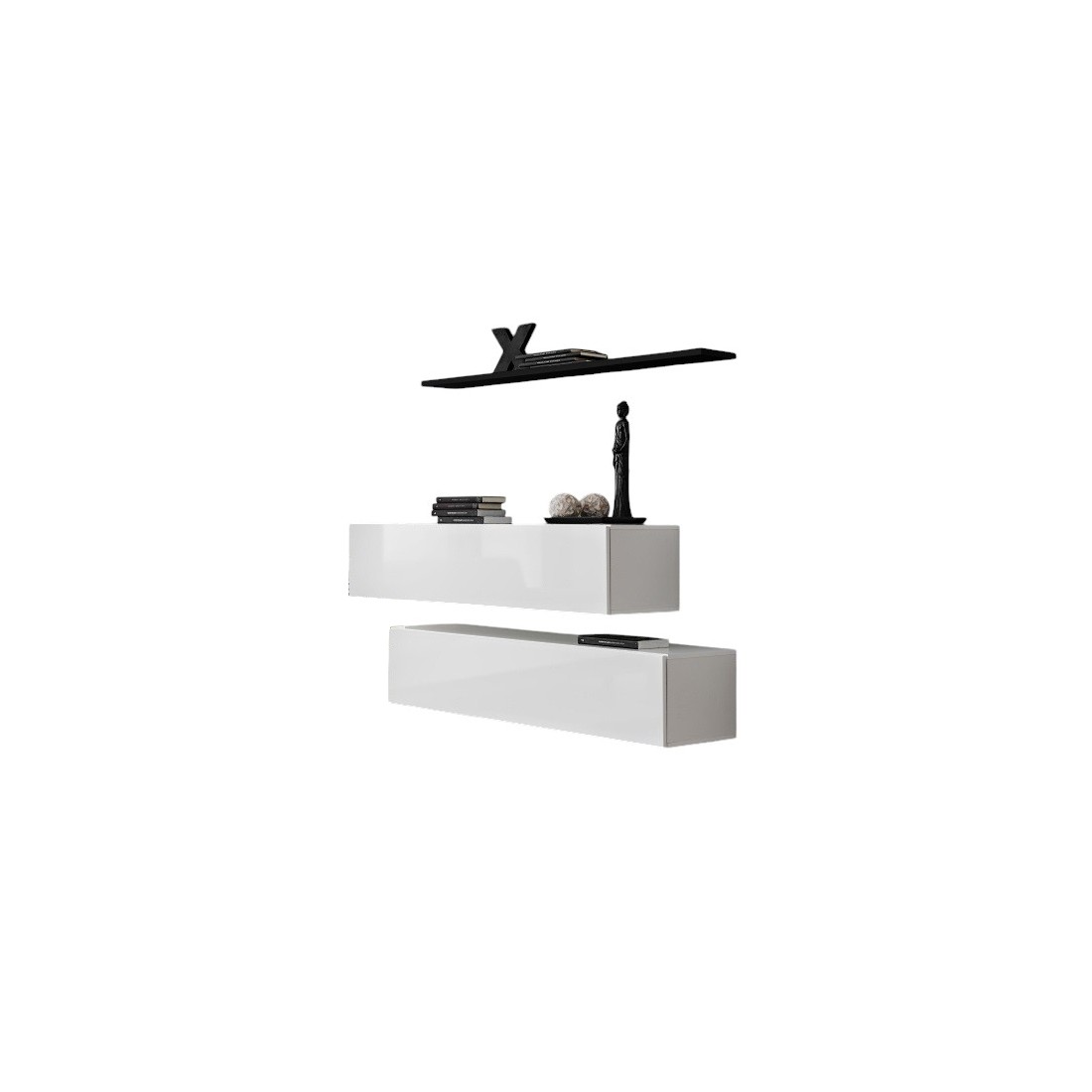 Ensemble meubles de salon SWITCH SBII design, coloris blanc brillant et étagère noire.