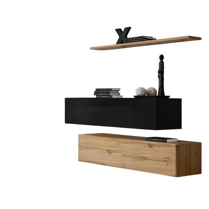 Ensemble meubles de salon SWITCH SBII design, coloris chêne Wotan et noir brillant.