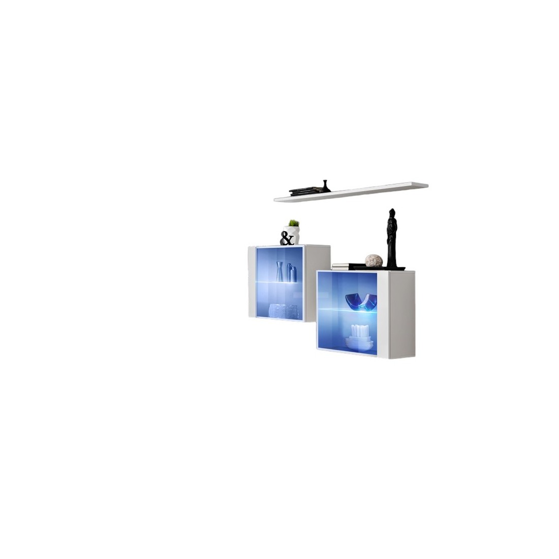 Ensemble meubles de salon SWITCH SBIII design, coloris blanc brillant et porte vitrée avec système LED intégré.