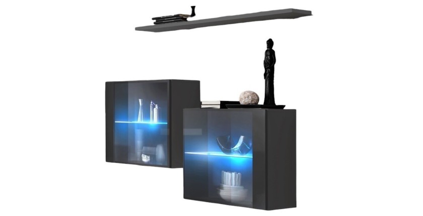 Ensemble meubles de salon SWITCH SBIII design, coloris gris brillant et porte vitrée avec système LED intégré.