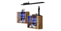Ensemble meubles de salon SWITCH SBIII, coloris chêne Wotan et porte vitrée avec système LED intégré, étagère noire.