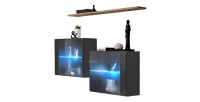 Ensemble salon SWITCH SBII gris brillant, porte vitrée LED intégrée, étagére chêne Wotan, moderne