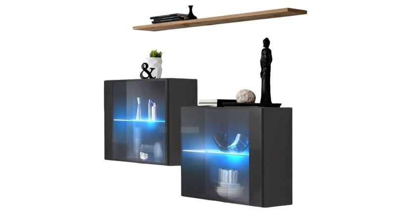 Ensemble salon SWITCH SBII grijs glanzend, glazen deur met geïntegreerde LED, Wotan eiken plank, modern