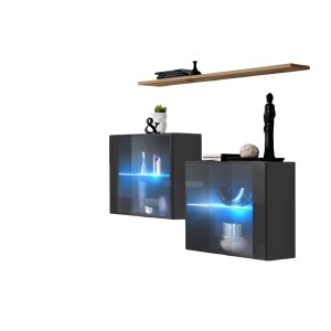 Ensemble salon SWITCH SBII gris brillant, porte vitrée LED intégrée, étagére chêne Wotan, moderne