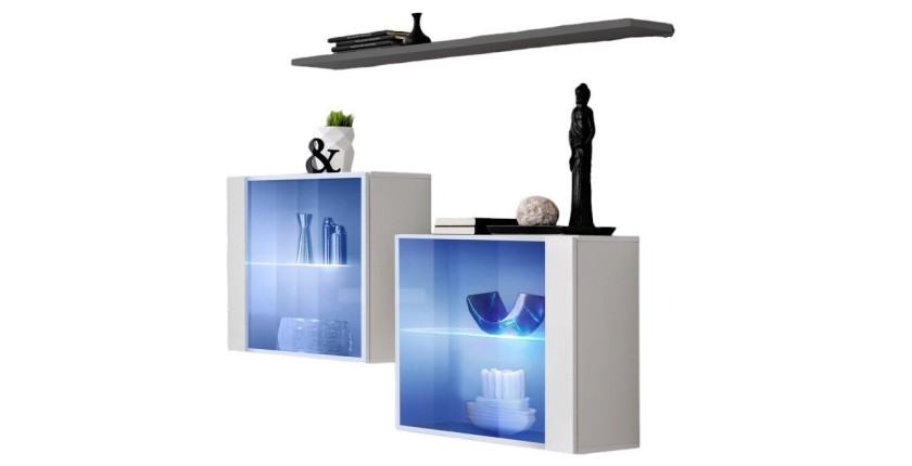 Ensemble salon SWITCH SBIII blanc brillant, porte vitrée LED intégrée, étagére grise, design moderne