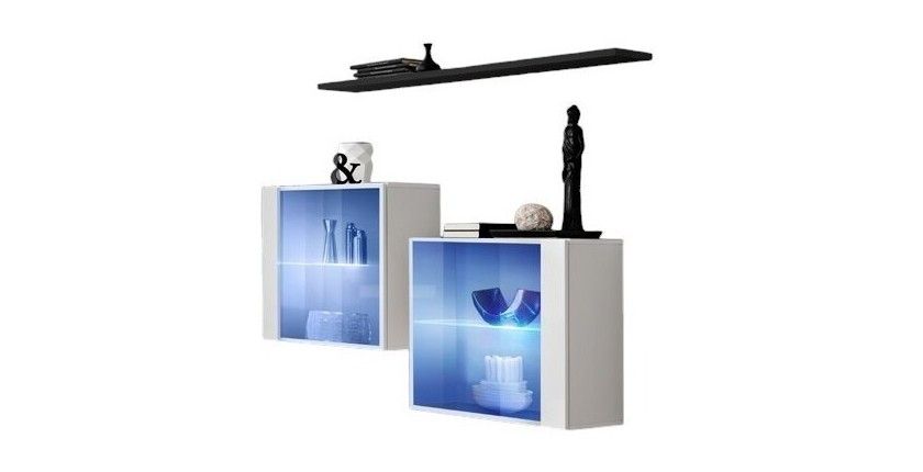 Wandkomposition SWITCH SBIII – LED-beleuchtete Glaskuben und Regal – Hochglanz Weiß und Schwarz – Modernes Design