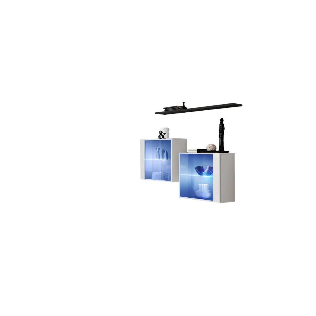 Ensemble salon SWITCH SBIII blanc brillant, porte vitrée LED intégrée, étagére noire, design moderne