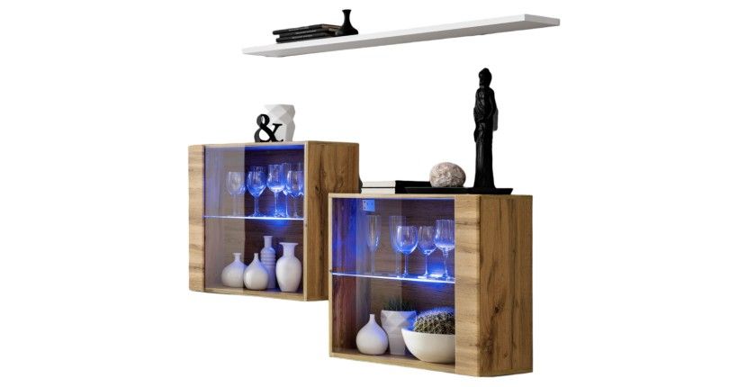 Wandcompositie SWITCH SBIII – Glazen LED-kubussen en plank – Wotan-eik en wit – Modern ontwerp