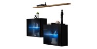 Ensemble salon SWITCH SBIII noir brillant, porte vitrée LED intégrée, étagére chêne Wotan, moderne