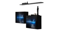 Ensemble salon SWITCH SBIII noir brillant, porte vitrée LED intégrée, étagére grise, design moderne