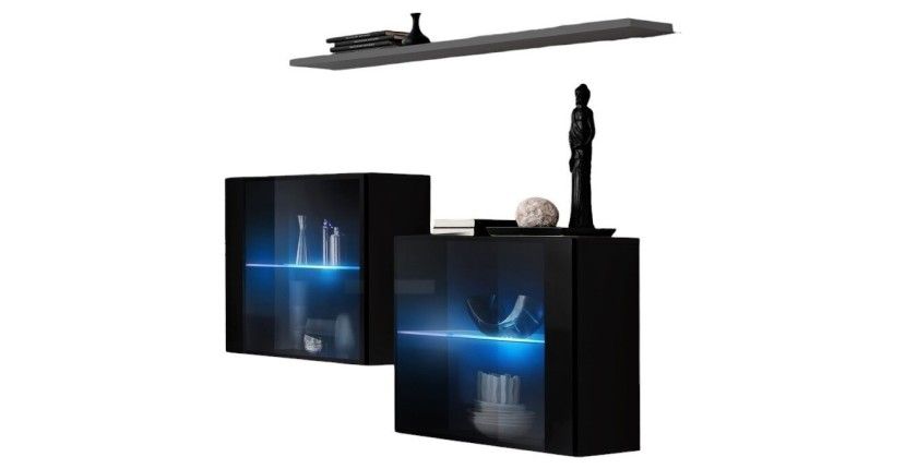 Ensemble salon SWITCH SBIII schwarz glänzend, Glastür mit integrierter LED, graues Regal, modernes Design