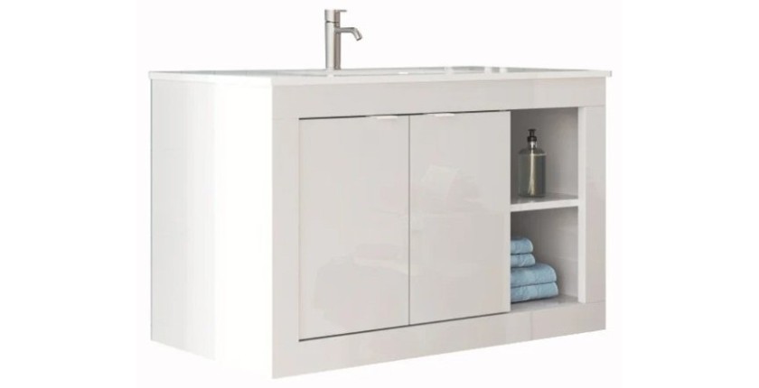 Meuble de salle de bain suspendu avec 1 vasque et 2 portes, collection VIENNE. Coloris blanc brillant