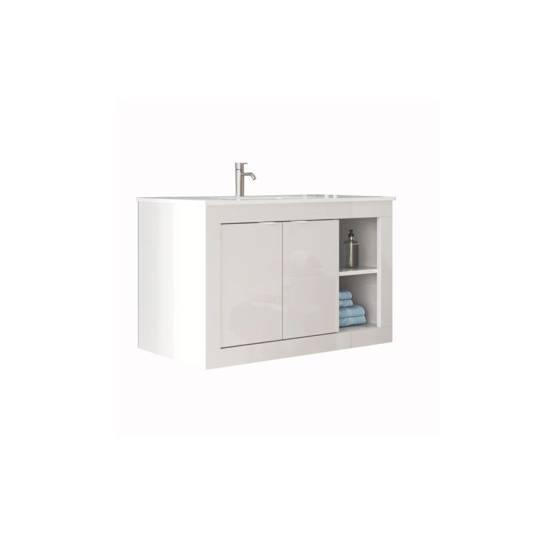 Meuble de salle de bain suspendu avec 1 vasque et 2 portes, collection VIENNE. Coloris blanc brillant
