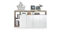 Buffet BURA – 4 puertas – Blanco lacado brillante y roble claro – Diseño moderno – L184 cm