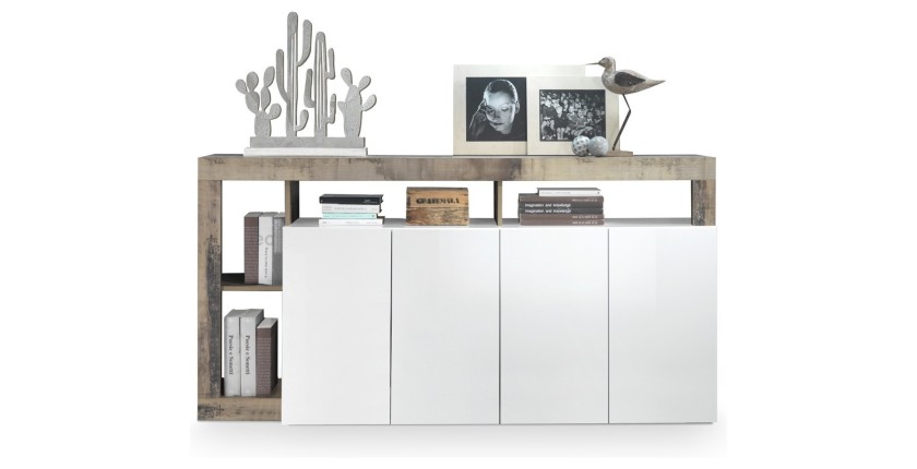 Buffet BURA – 4 portes – Blanc laqué brillant et chêne clair – Design moderne – L184 cm