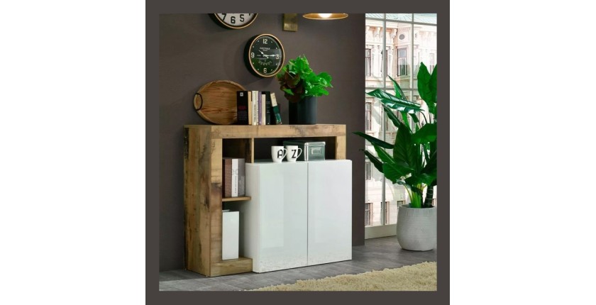 Buffet 2 portes collection BURA, coloris blanc laqué brillant et chêne clair