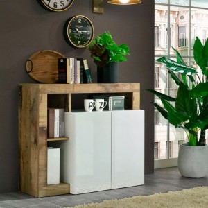 Buffet 2 portes collection BURA, coloris blanc laqué brillant et chêne clair