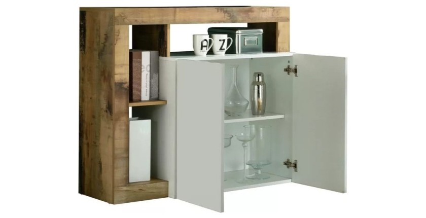 Buffet 2 portes collection BURA, coloris blanc laqué brillant et chêne clair
