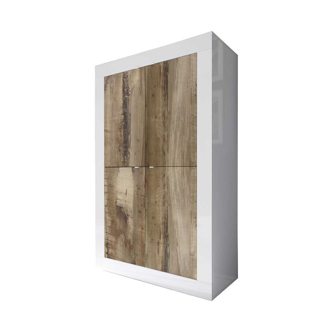 Buffet haut 4 portes, collection CISA, coloris blanc laqué brillant et chêne clair