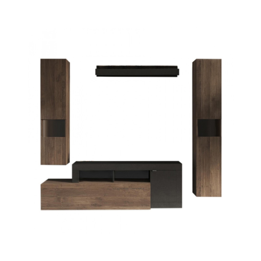 Ensemble de meubles de salon collection FREDO avec tiroir et 3 portes. Coloris noir et chêne foncé